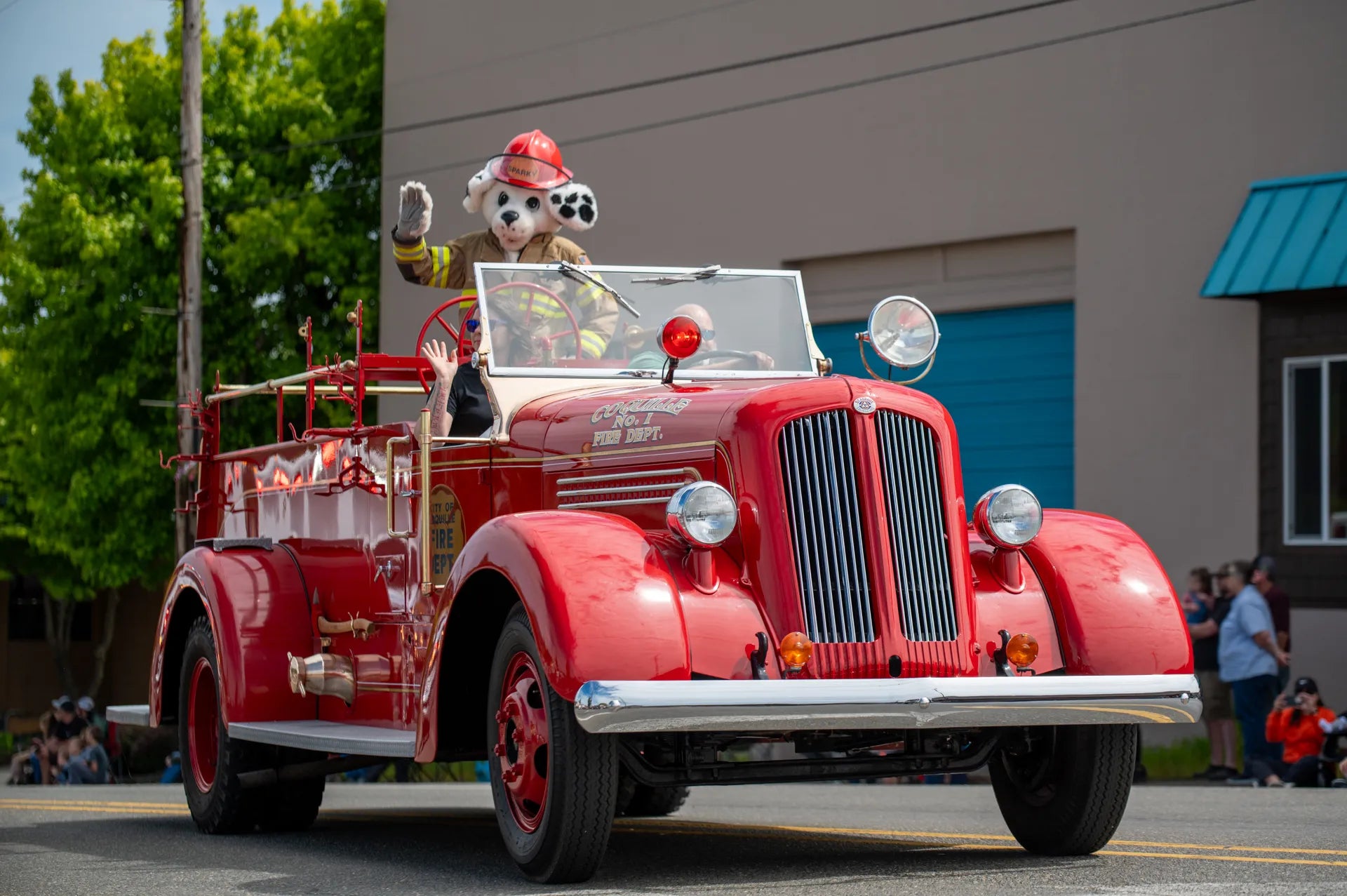 Vintage fire truck with mascot